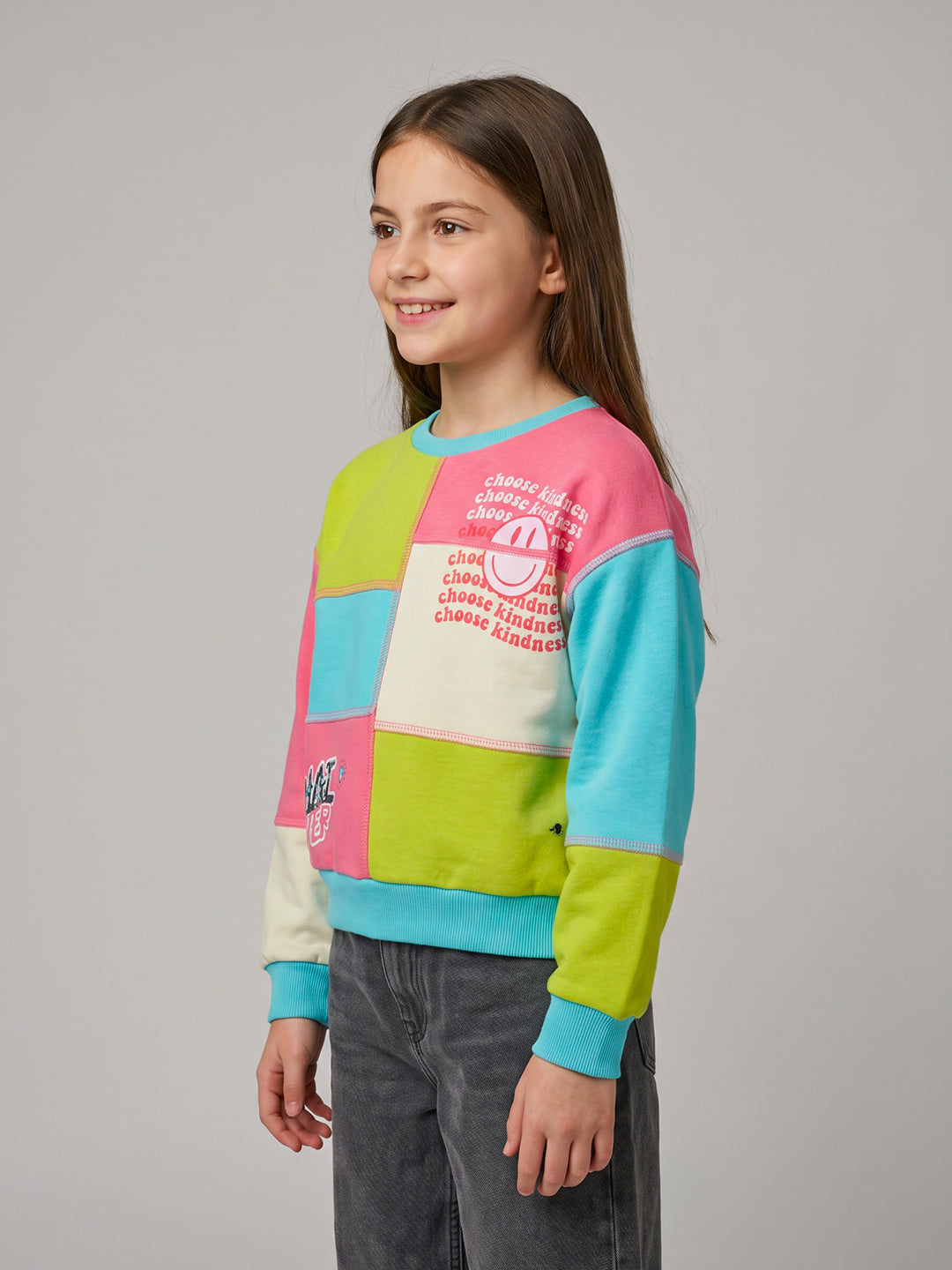 Girls Aqua Blue Colourblocked Round Neck Full Sleeve Sweatshirt