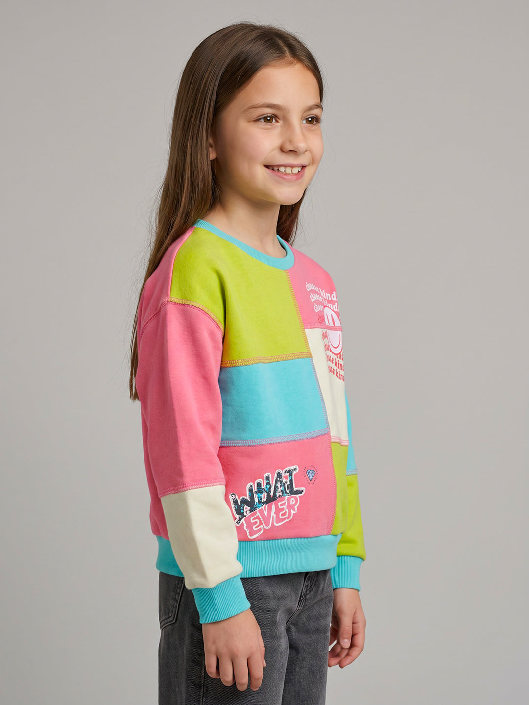 Girls Aqua Blue Colourblocked Round Neck Full Sleeve Sweatshirt