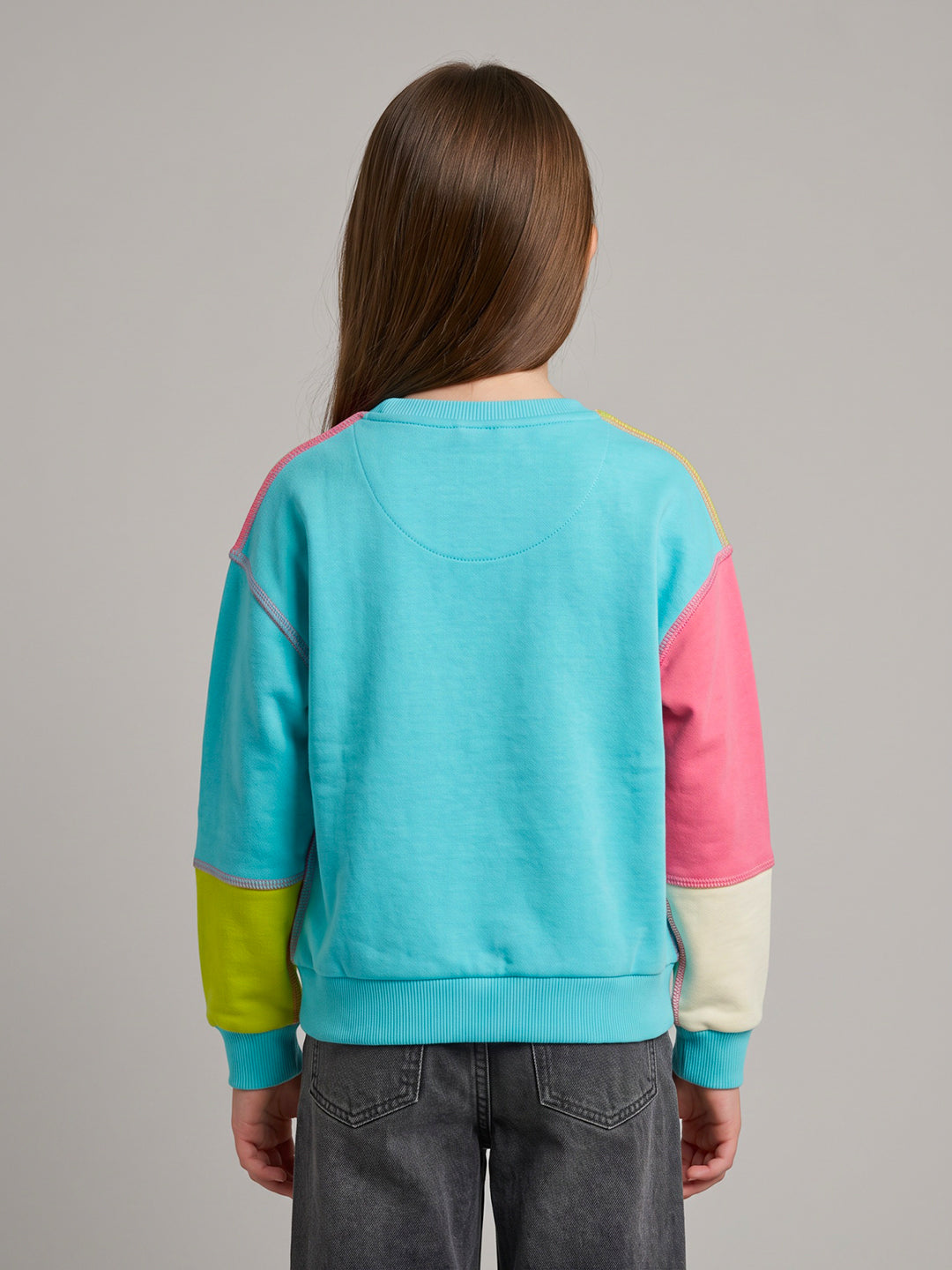 Girls Aqua Blue Colourblocked Round Neck Full Sleeve Sweatshirt