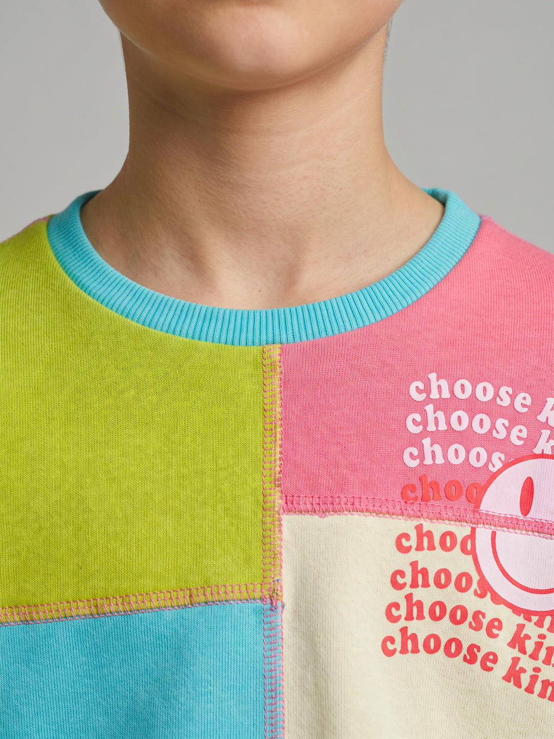 Girls Aqua Blue Colourblocked Round Neck Full Sleeve Sweatshirt