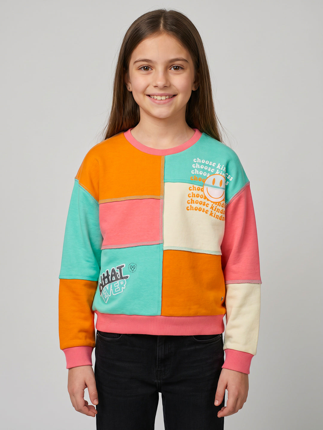 Girls Aqua Blue Colourblocked Round Neck Full Sleeve Sweatshirt