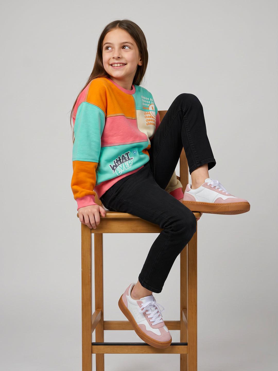 Girls Aqua Blue Colourblocked Round Neck Full Sleeve Sweatshirt