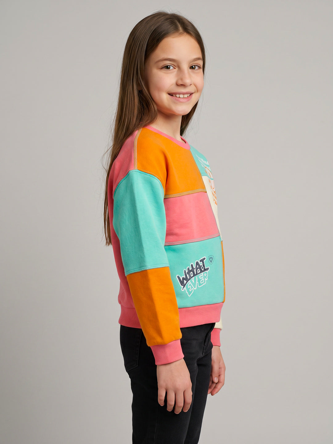 Girls Aqua Blue Colourblocked Round Neck Full Sleeve Sweatshirt
