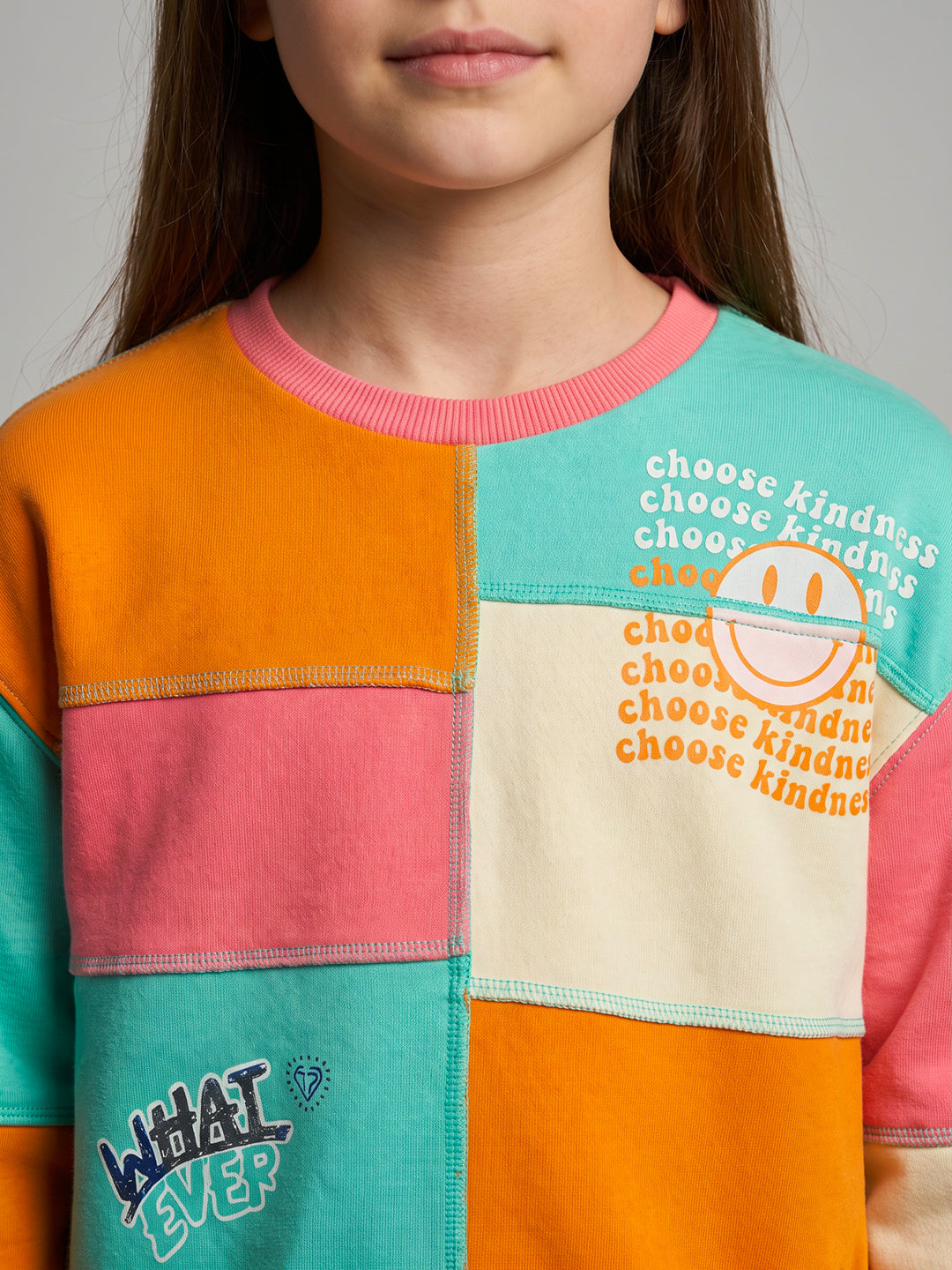 Girls Aqua Blue Colourblocked Round Neck Full Sleeve Sweatshirt