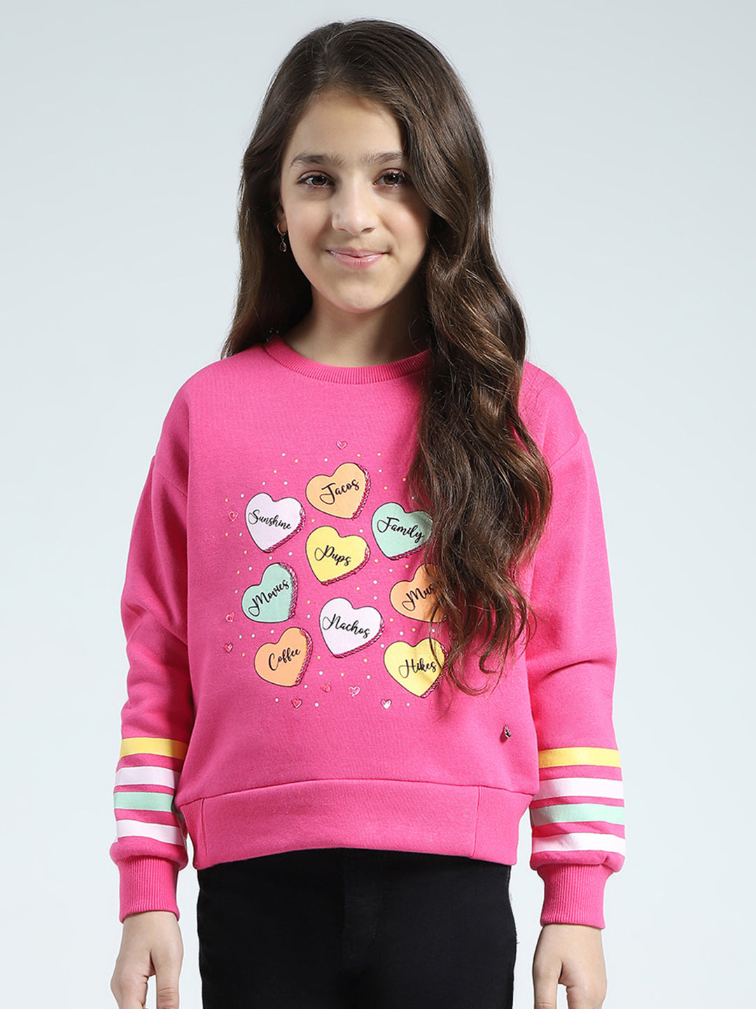 Girls Pink Printed Round Neck Full Sleeve Sweatshirt