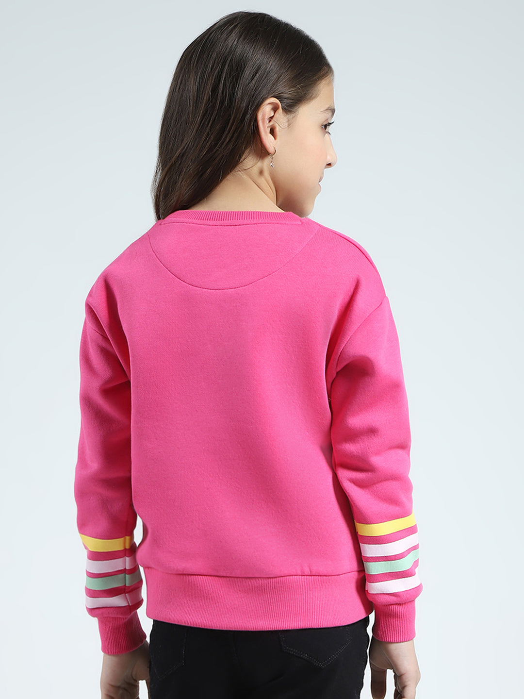 Girls Pink Printed Round Neck Full Sleeve Sweatshirt