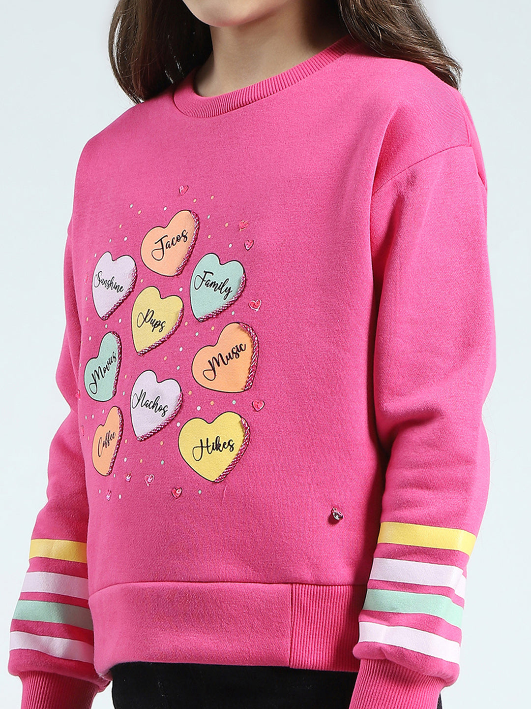 Girls Pink Printed Round Neck Full Sleeve Sweatshirt