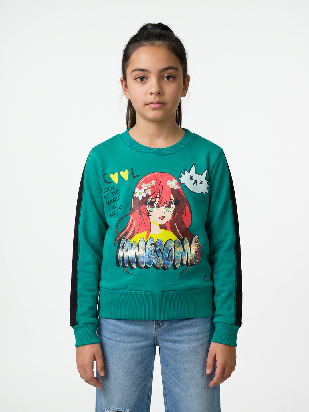 Girls Teal Blue & Black Graphic Print Round Neck Full Sleeve Sweatshirt