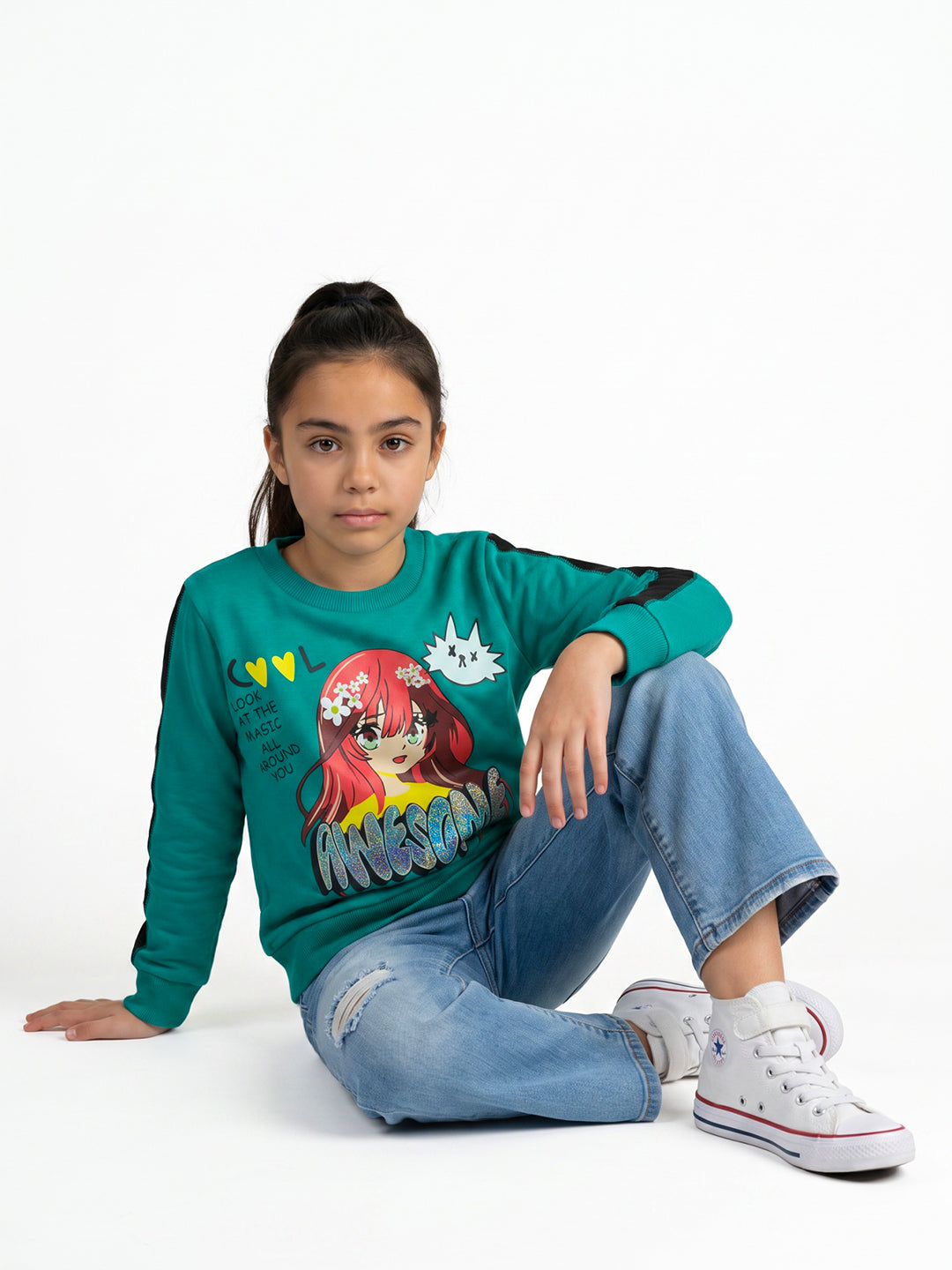Girls Teal Blue & Black Graphic Print Round Neck Full Sleeve Sweatshirt