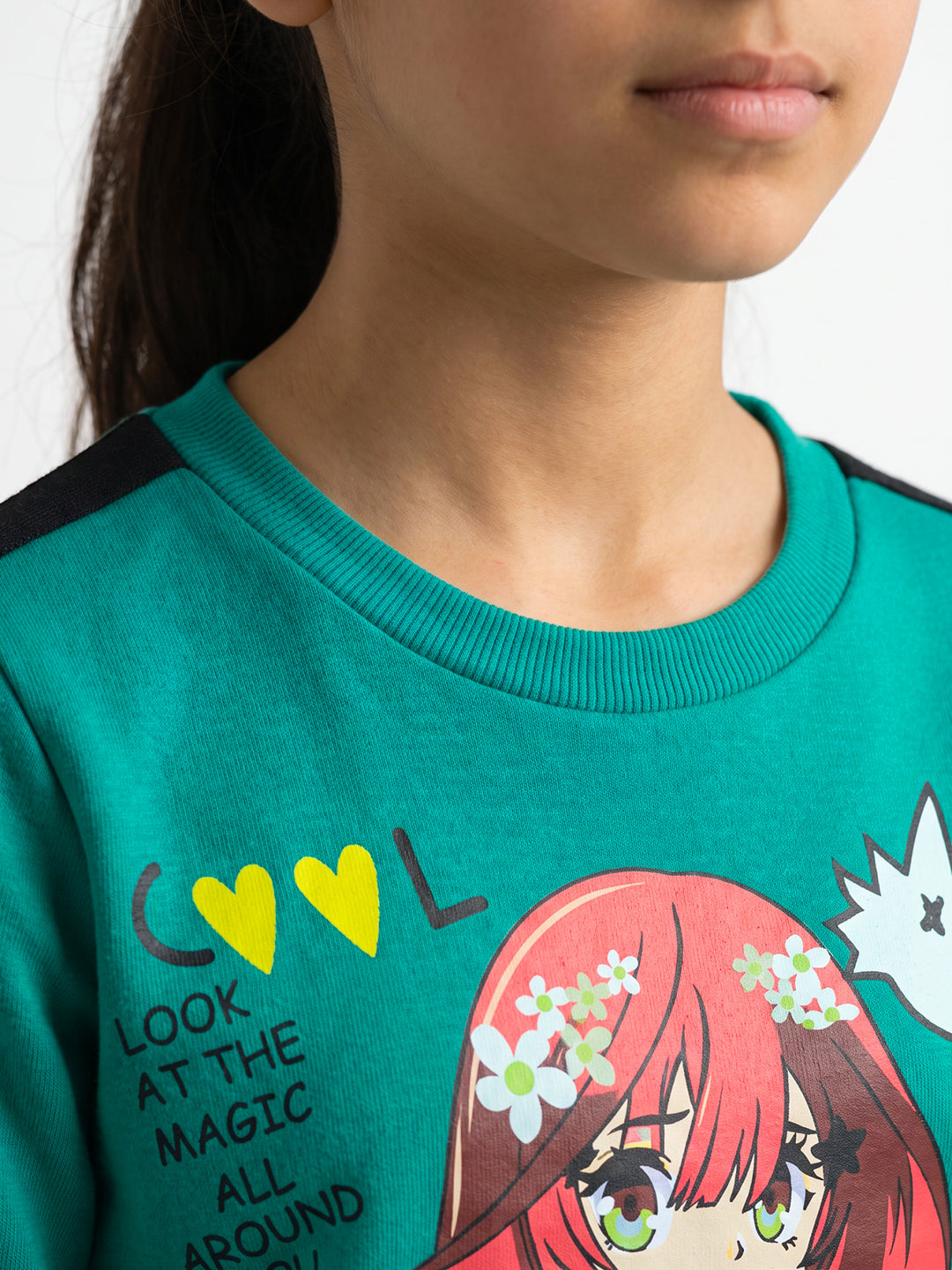 Girls Teal Blue & Black Graphic Print Round Neck Full Sleeve Sweatshirt