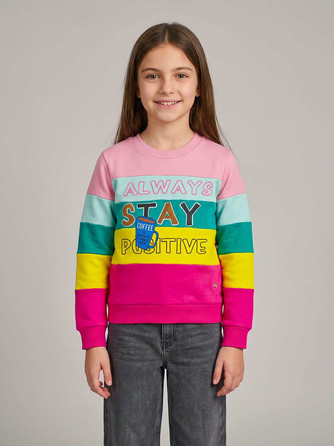 Girls Magenta & Peach Printed Round Neck Full Sleeve Sweatshirt