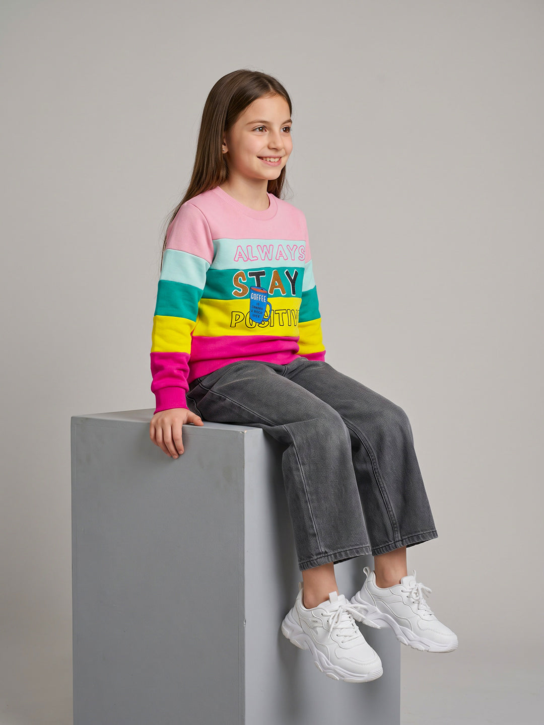 Girls Magenta & Peach Printed Round Neck Full Sleeve Sweatshirt