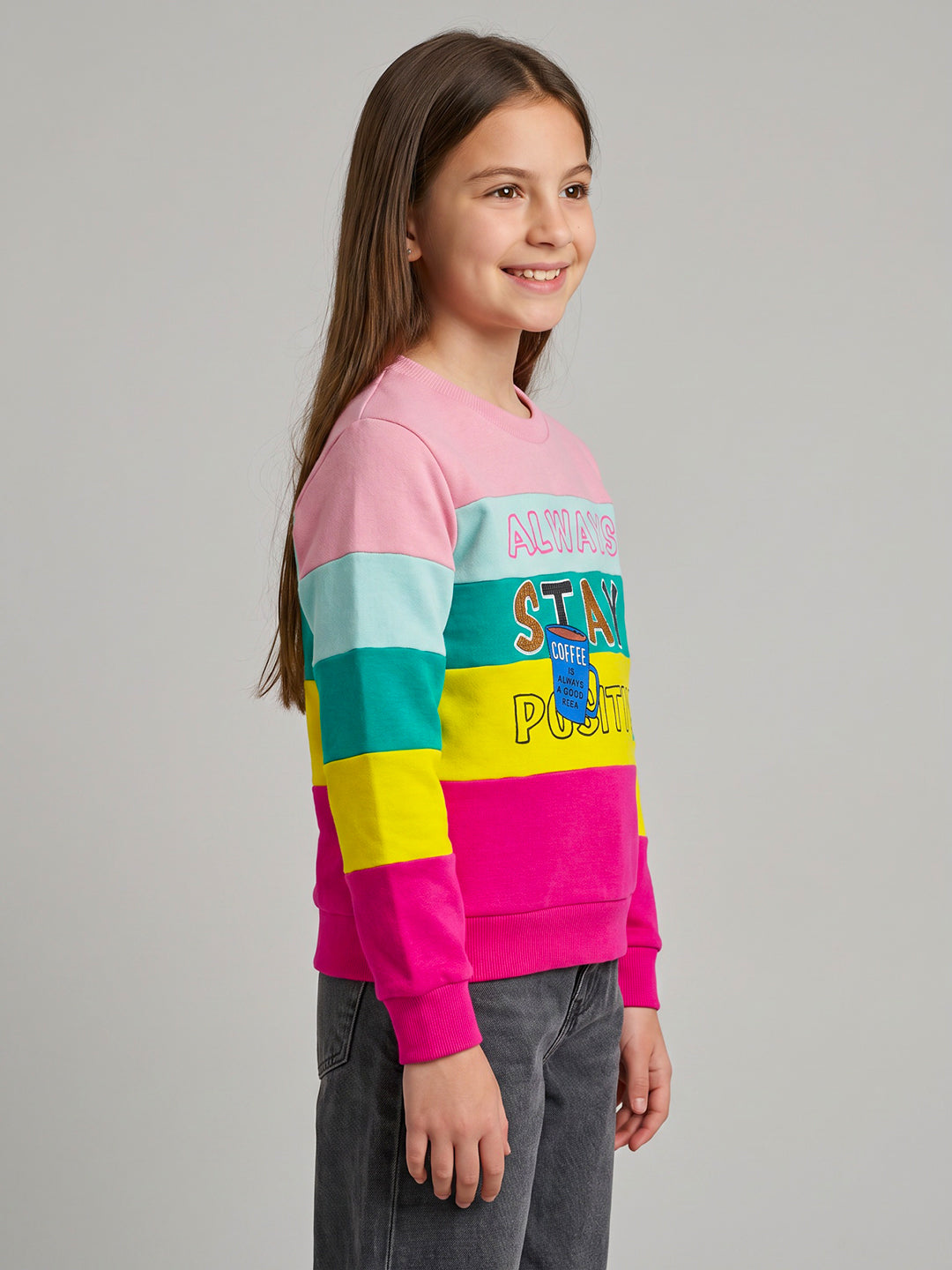 Girls Magenta & Peach Printed Round Neck Full Sleeve Sweatshirt