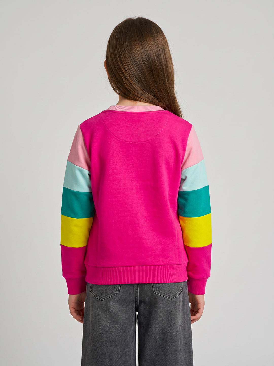Girls Magenta & Peach Printed Round Neck Full Sleeve Sweatshirt