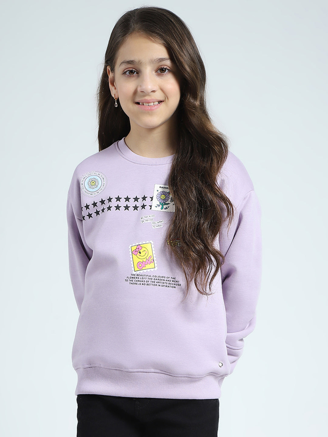 Girls Purple Printed Round Neck Full Sleeve Sweatshirt