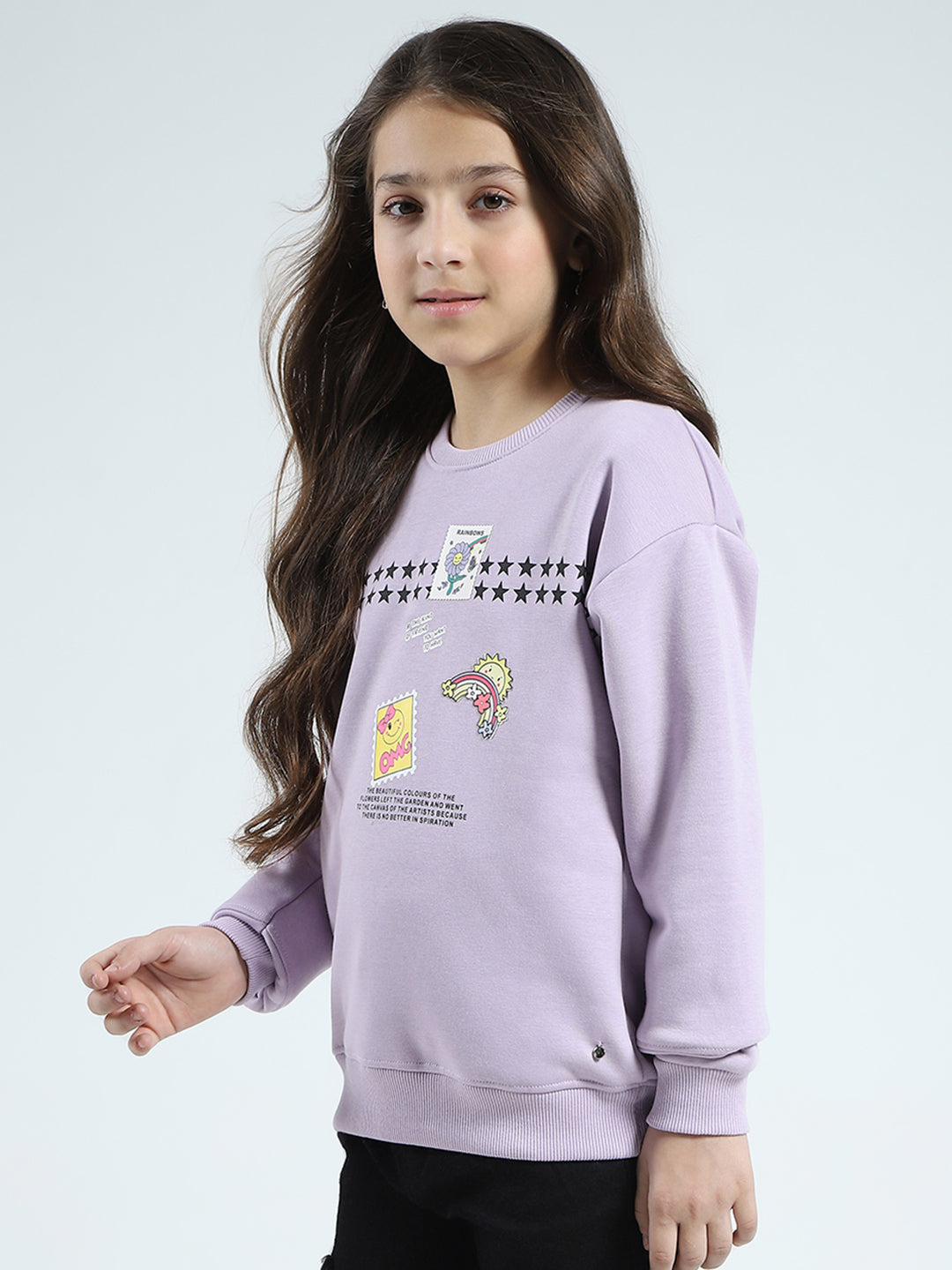 Girls Purple Printed Round Neck Full Sleeve Sweatshirt