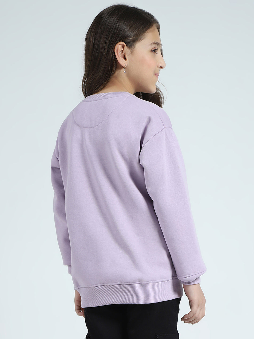 Girls Purple Printed Round Neck Full Sleeve Sweatshirt