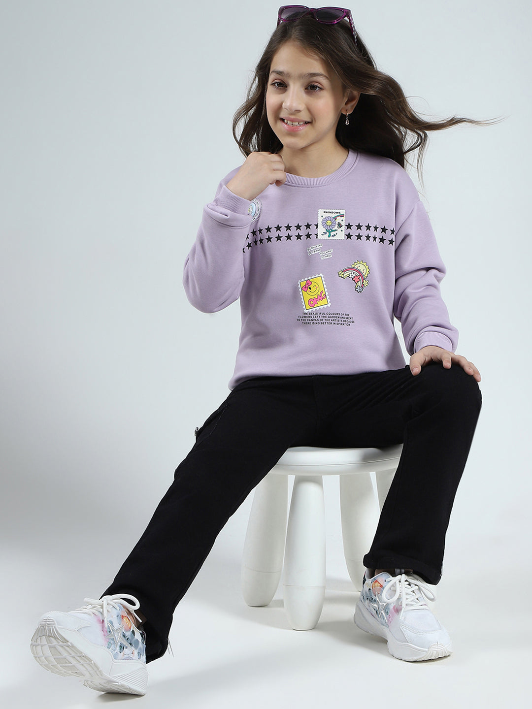 Girls Purple Printed Round Neck Full Sleeve Sweatshirt
