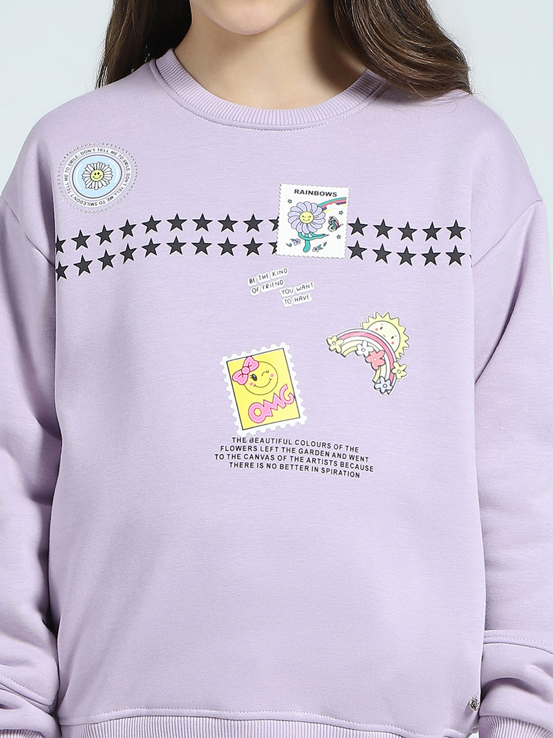 Girls Purple Printed Round Neck Full Sleeve Sweatshirt