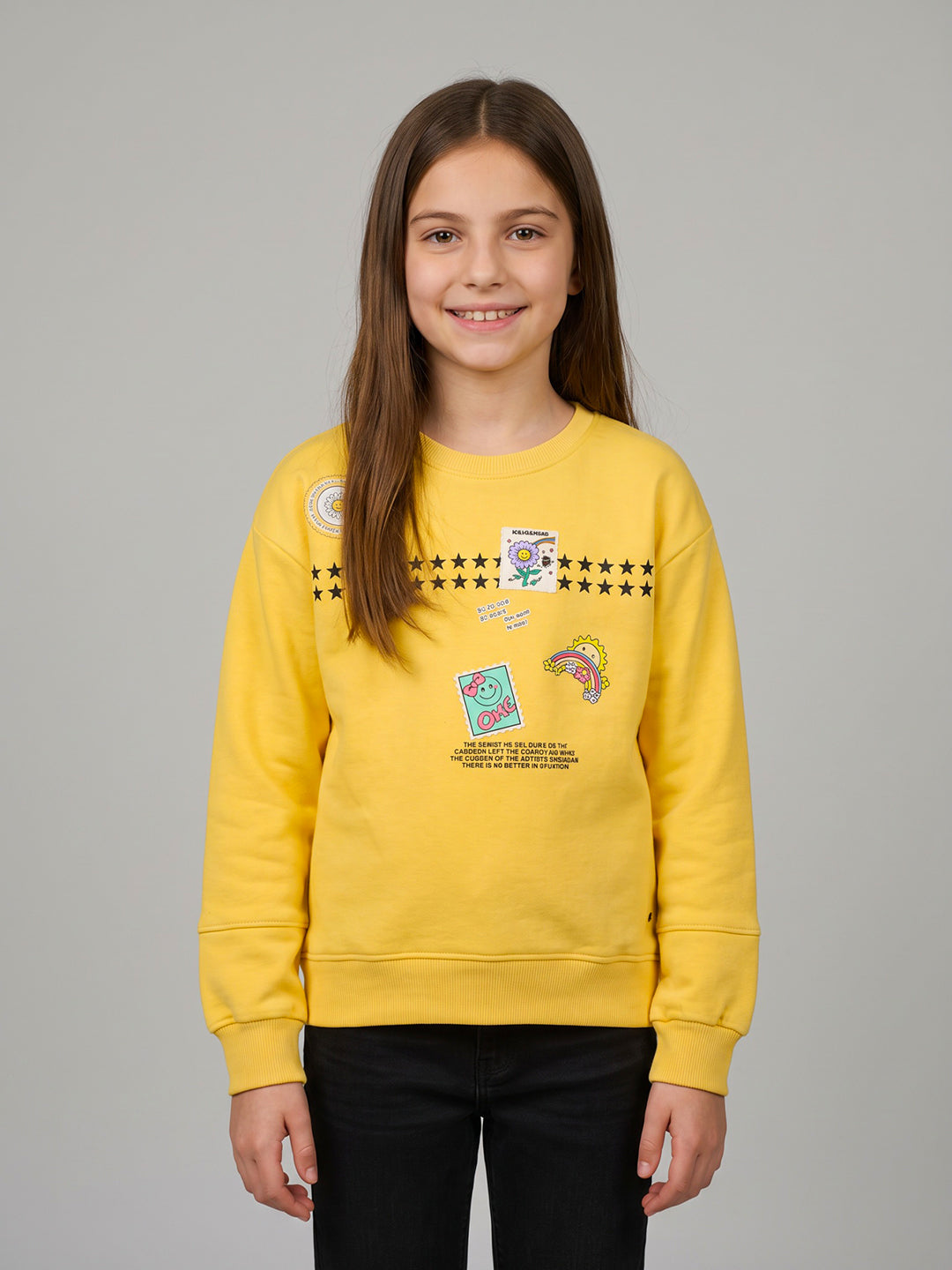 Girls Yellow Printed Round Neck Full Sleeve Sweatshirt