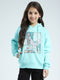 Girls Blue Printed Hooded Full Sleeve Sweatshirt