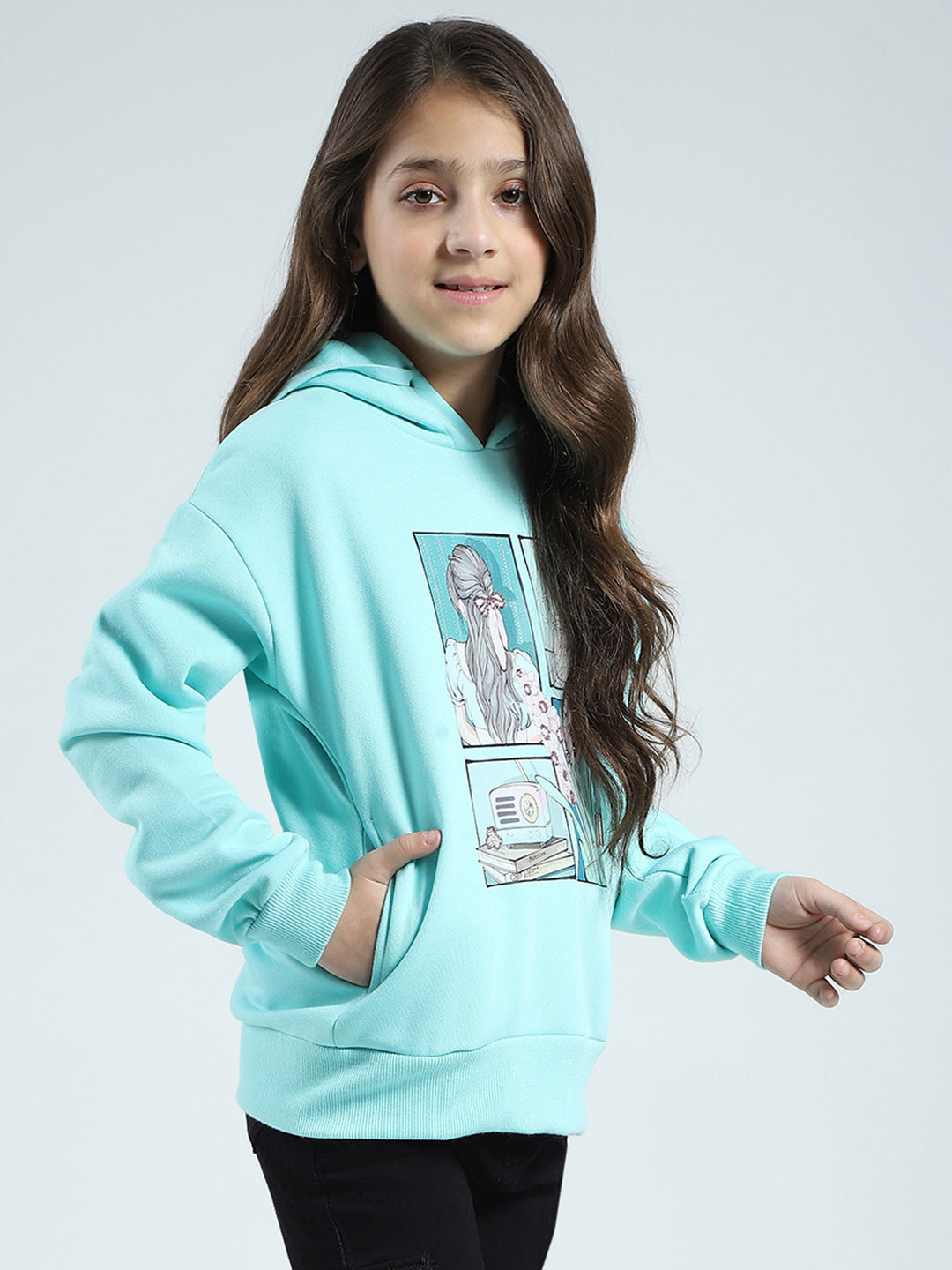Girls Blue Printed Hooded Full Sleeve Sweatshirt