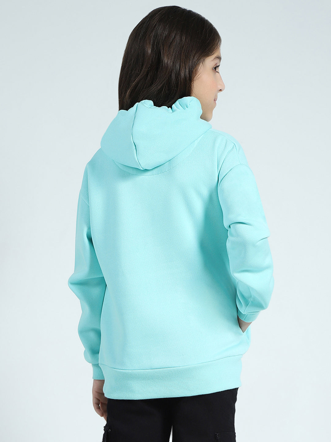 Girls Blue Printed Hooded Full Sleeve Sweatshirt