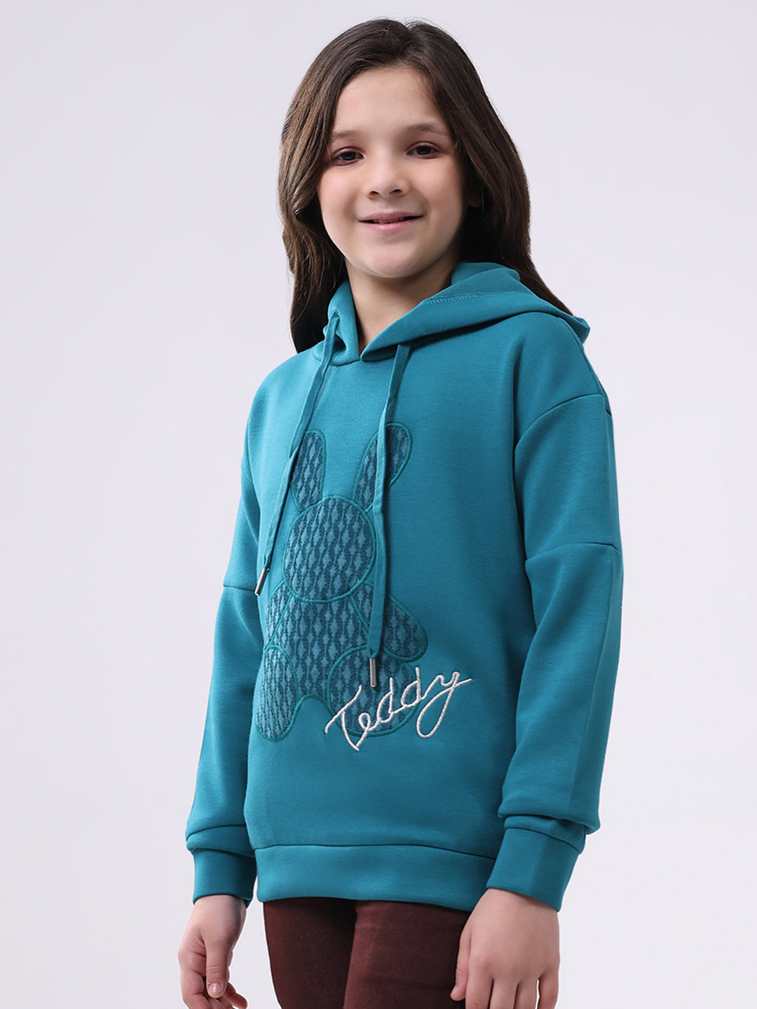 Girls Teal Blue Printed Hooded Full Sleeve Sweatshirt