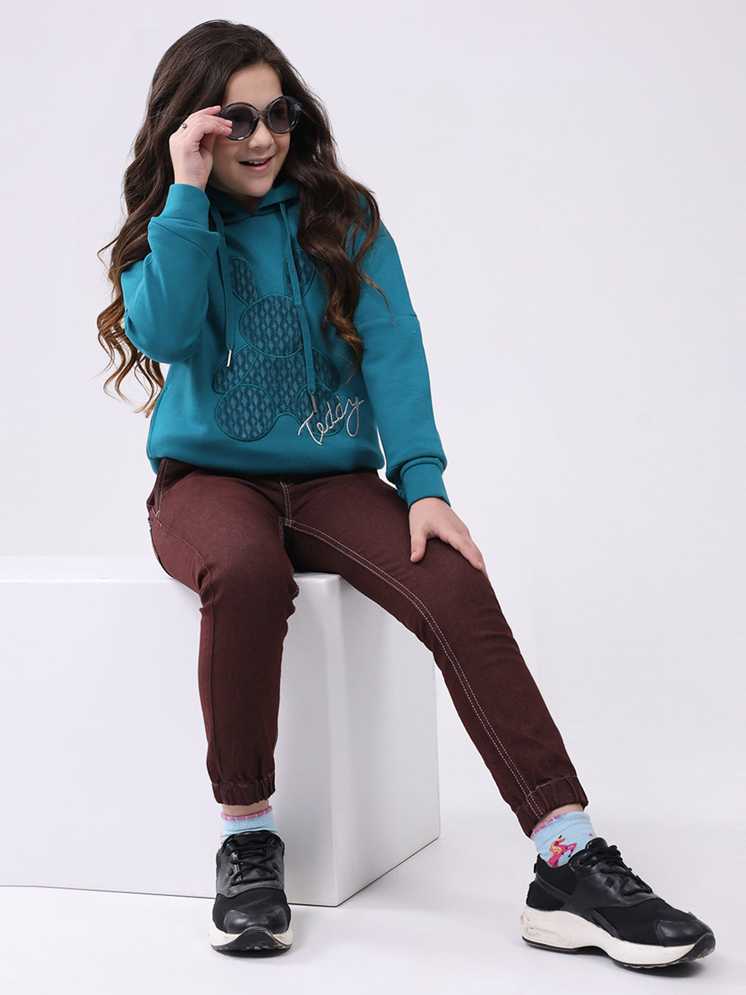Girls Teal Blue Printed Hooded Full Sleeve Sweatshirt