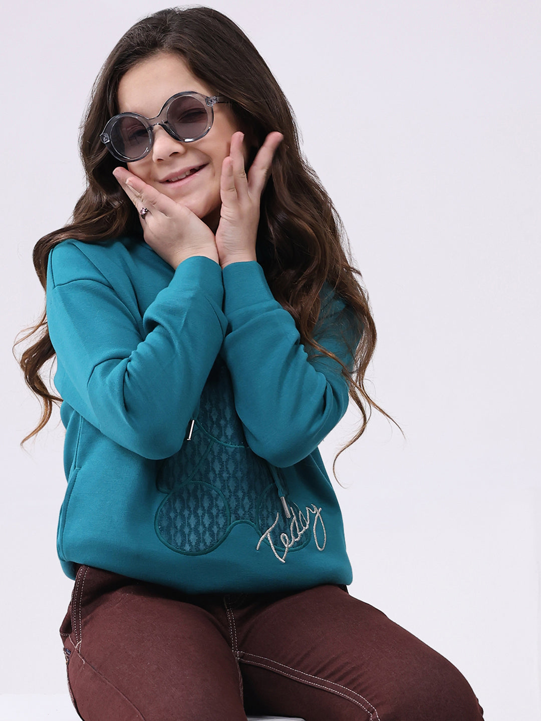 Girls Teal Blue Printed Hooded Full Sleeve Sweatshirt