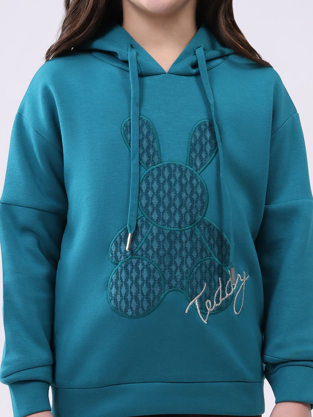 Girls Teal Blue Printed Hooded Full Sleeve Sweatshirt