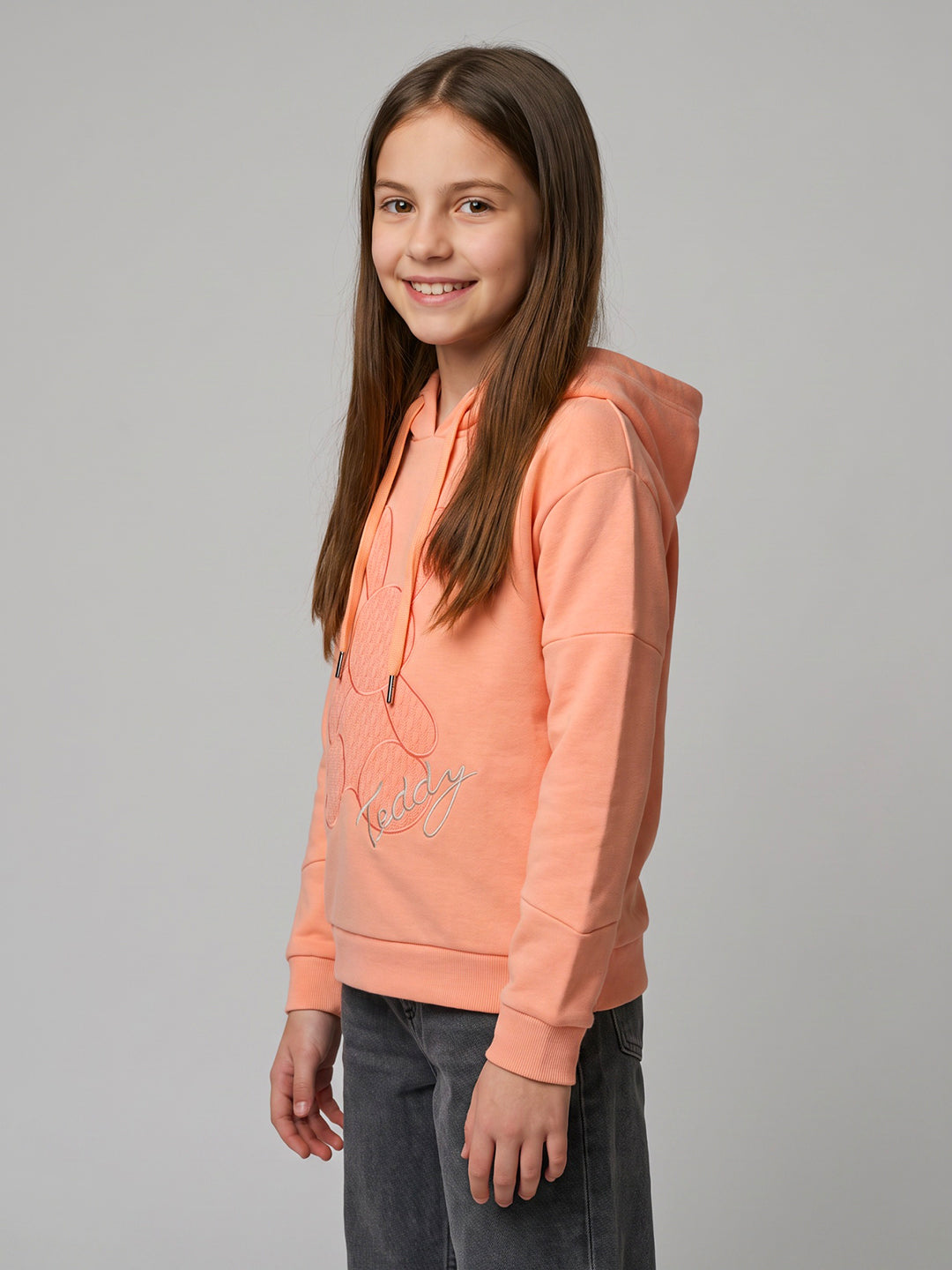 Girls Peach Embroidered Hooded Full Sleeve Sweatshirt