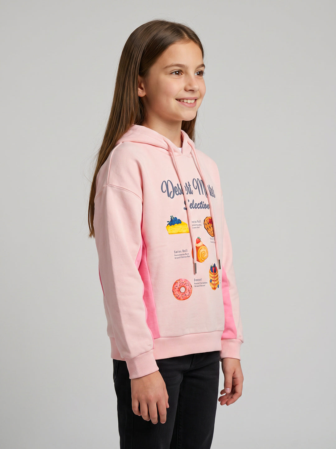 Girls Pink Printed Hooded Full Sleeve Sweatshirt
