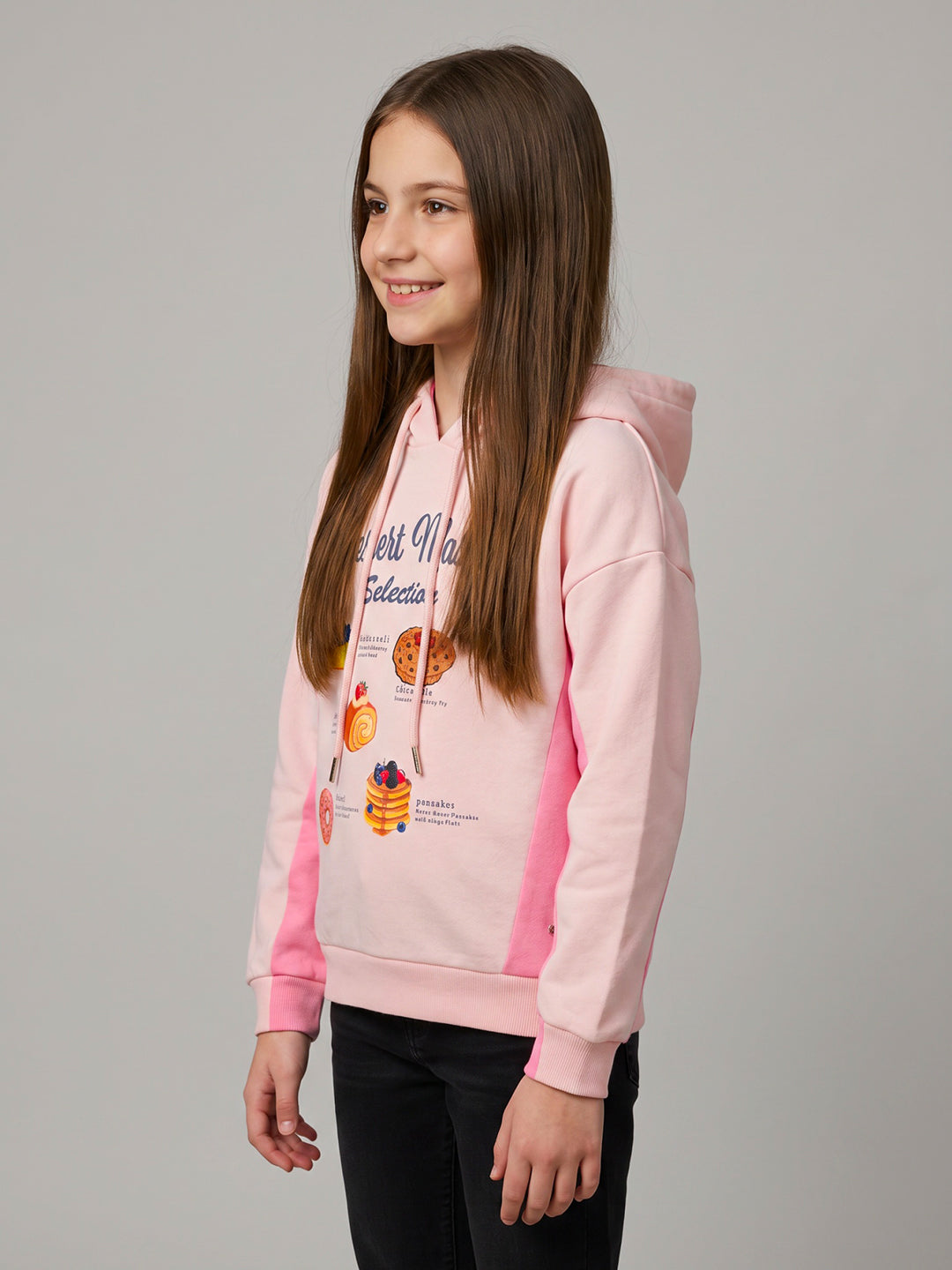 Girls Pink Printed Hooded Full Sleeve Sweatshirt