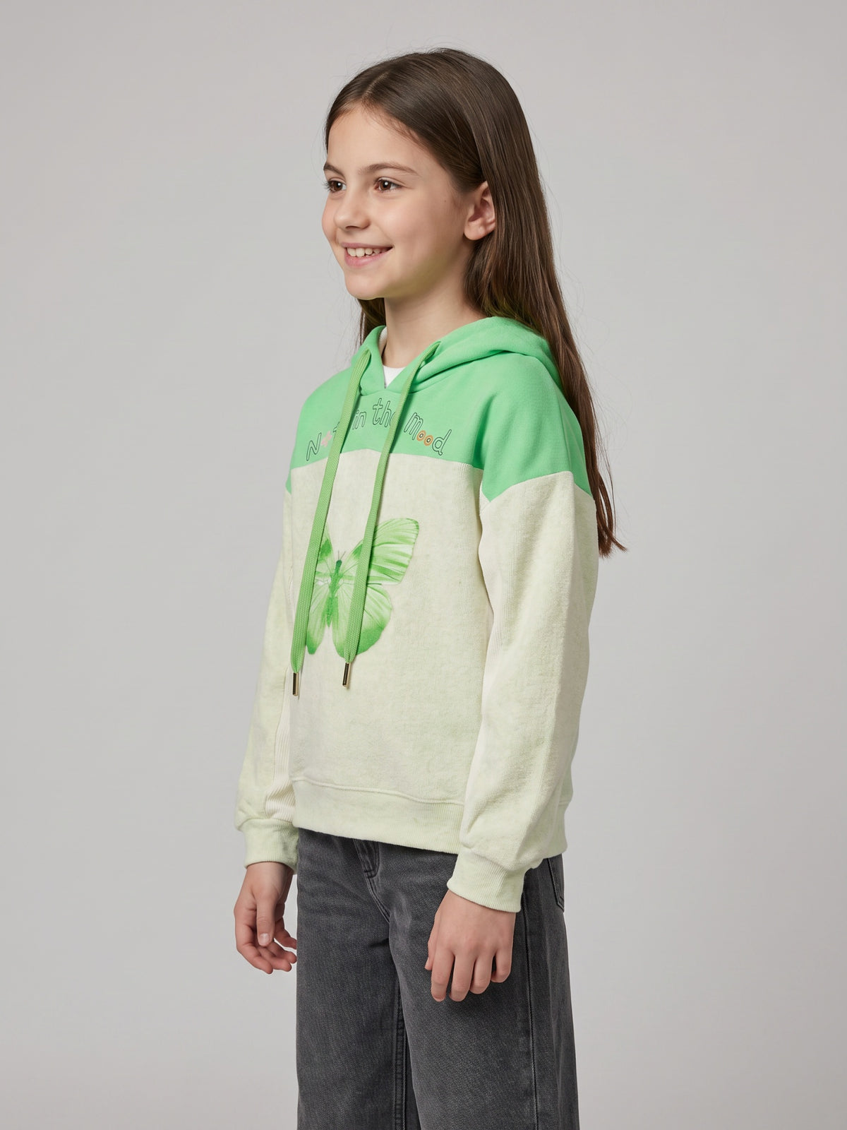 Girls Green Printed Hooded Full Sleeve Sweatshirt