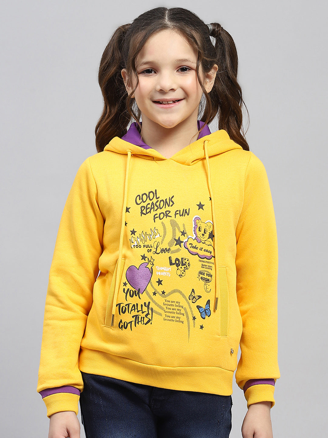 Girls Yellow Printed Hooded Full Sleeve Sweatshirt