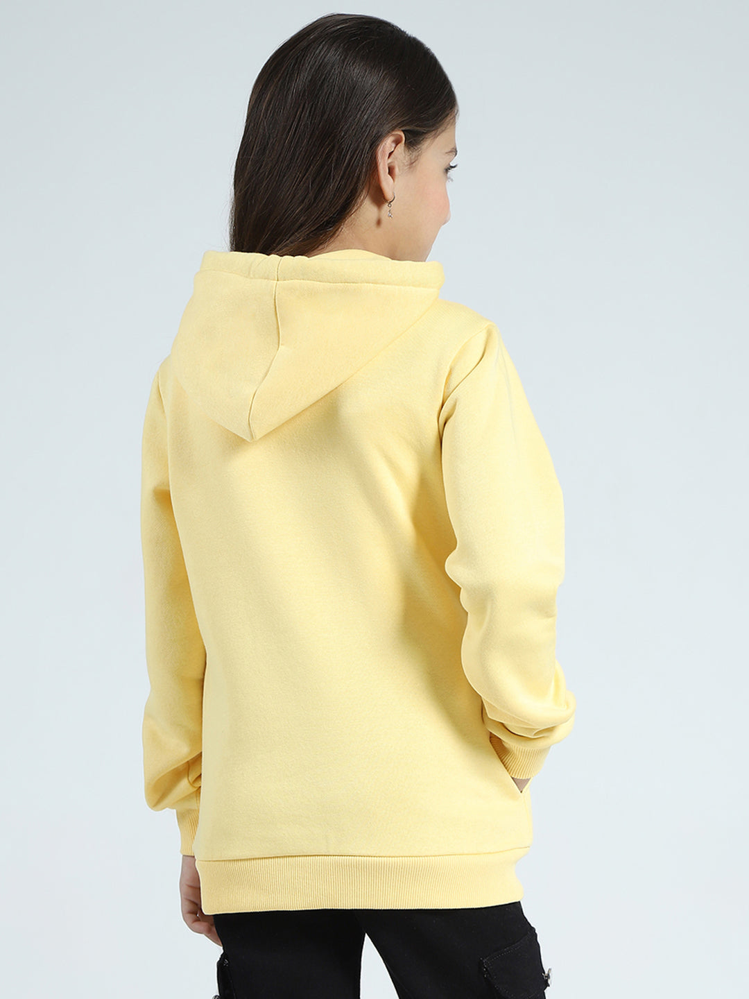 Girls Yellow Printed Hooded Full Sleeve Sweatshirt