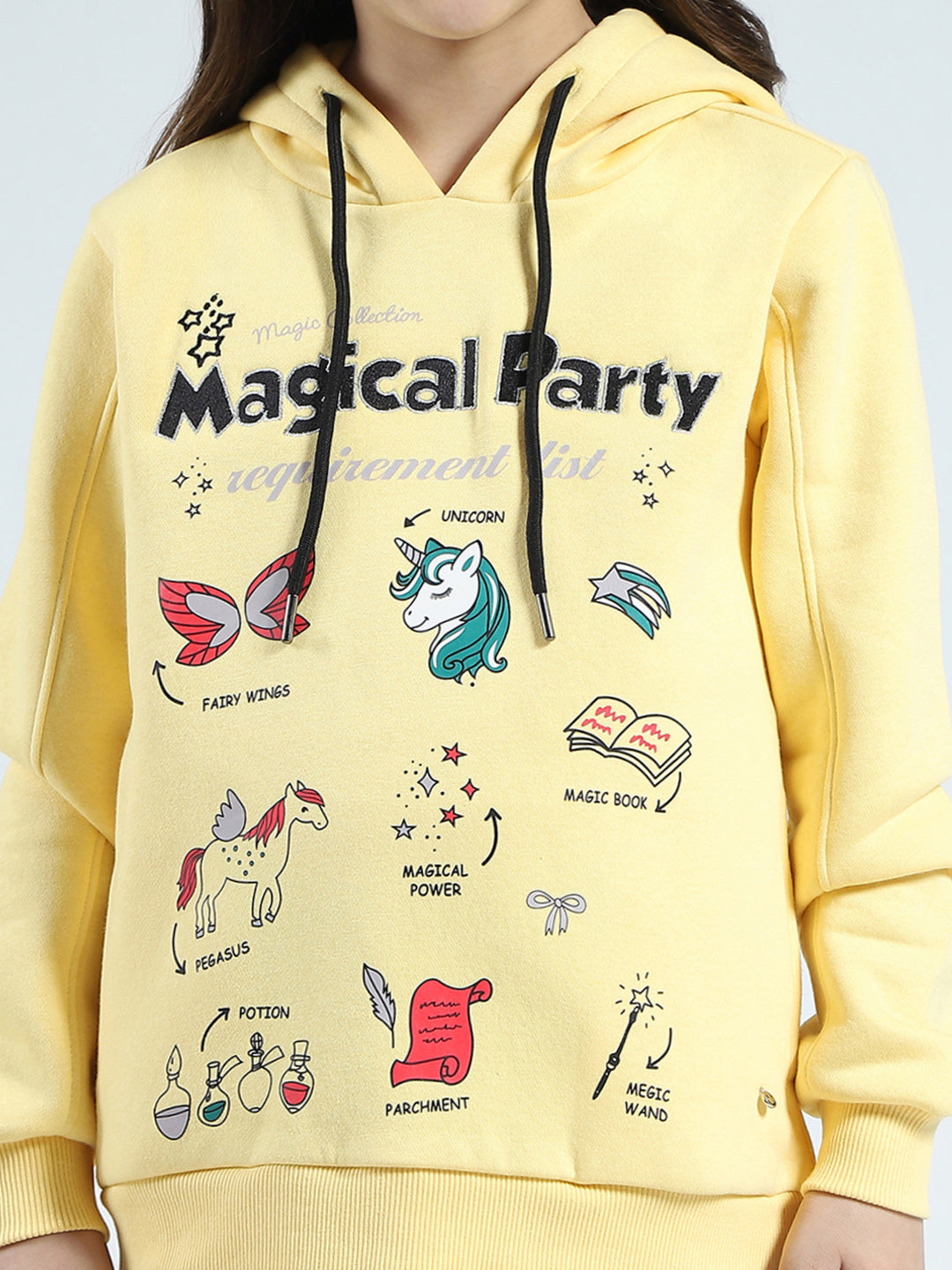 Girls Yellow Printed Hooded Full Sleeve Sweatshirt