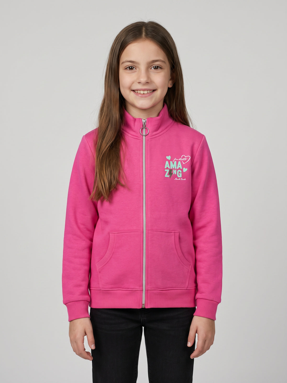 Girls Magenta Printed Turtle Neck Full Sleeve Sweater