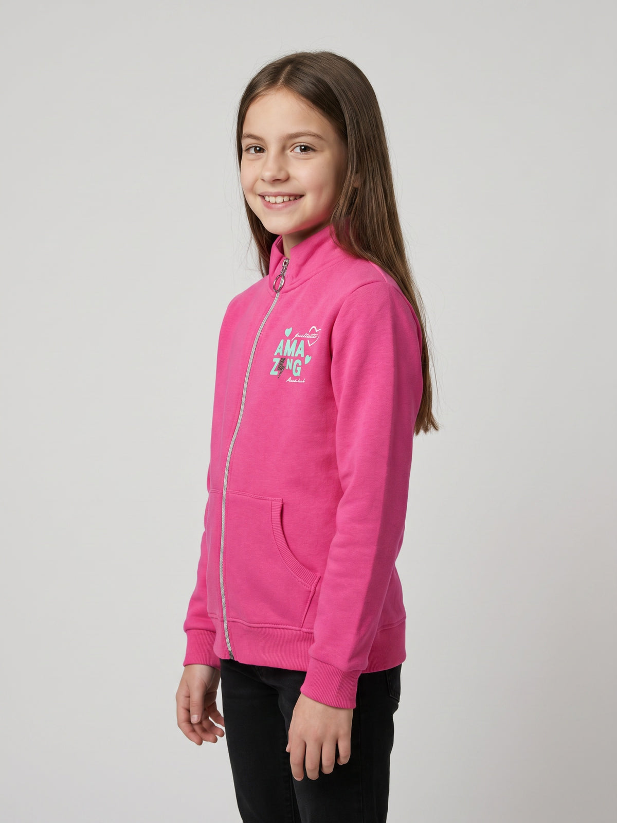 Girls Magenta Printed Turtle Neck Full Sleeve Sweater