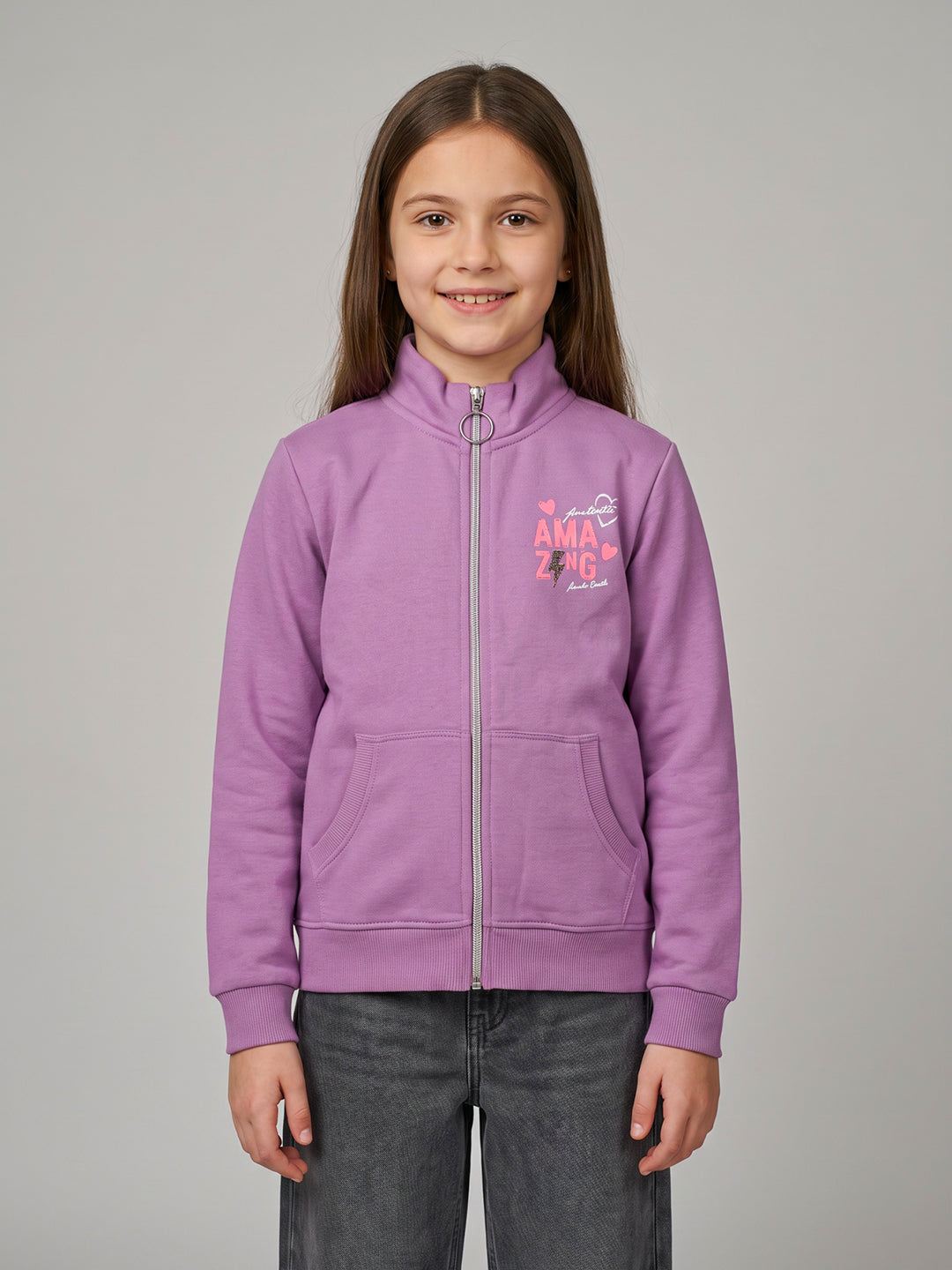 Girls Purple Printed Turtle Neck Full Sleeve Sweatshirt