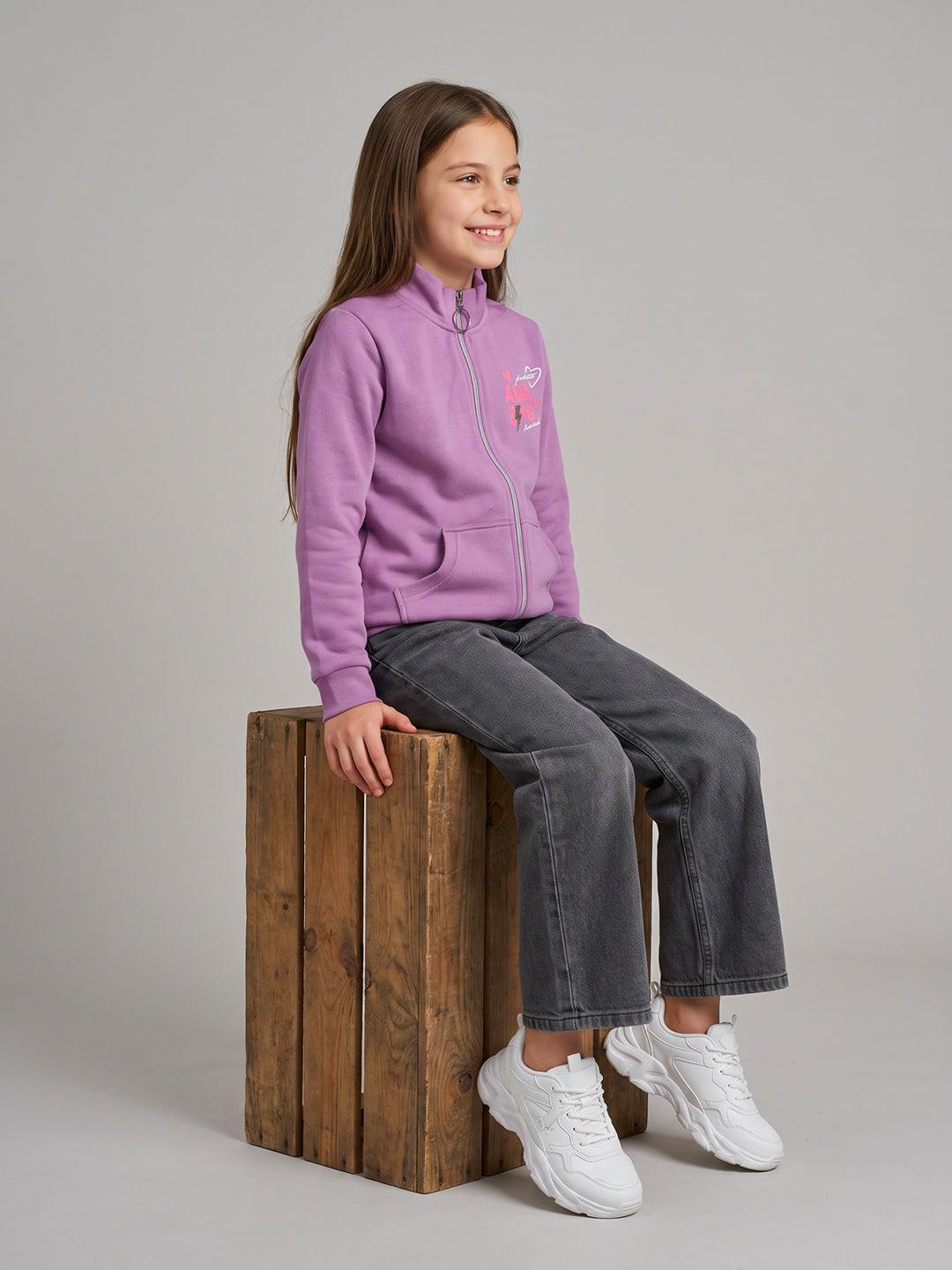 Girls Purple Printed Turtle Neck Full Sleeve Sweatshirt