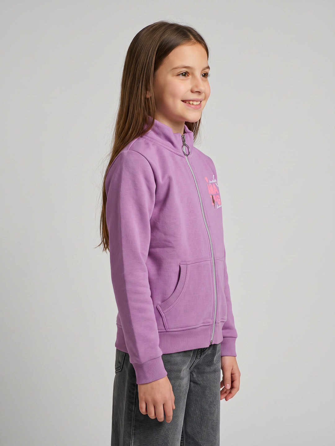 Girls Purple Printed Turtle Neck Full Sleeve Sweatshirt
