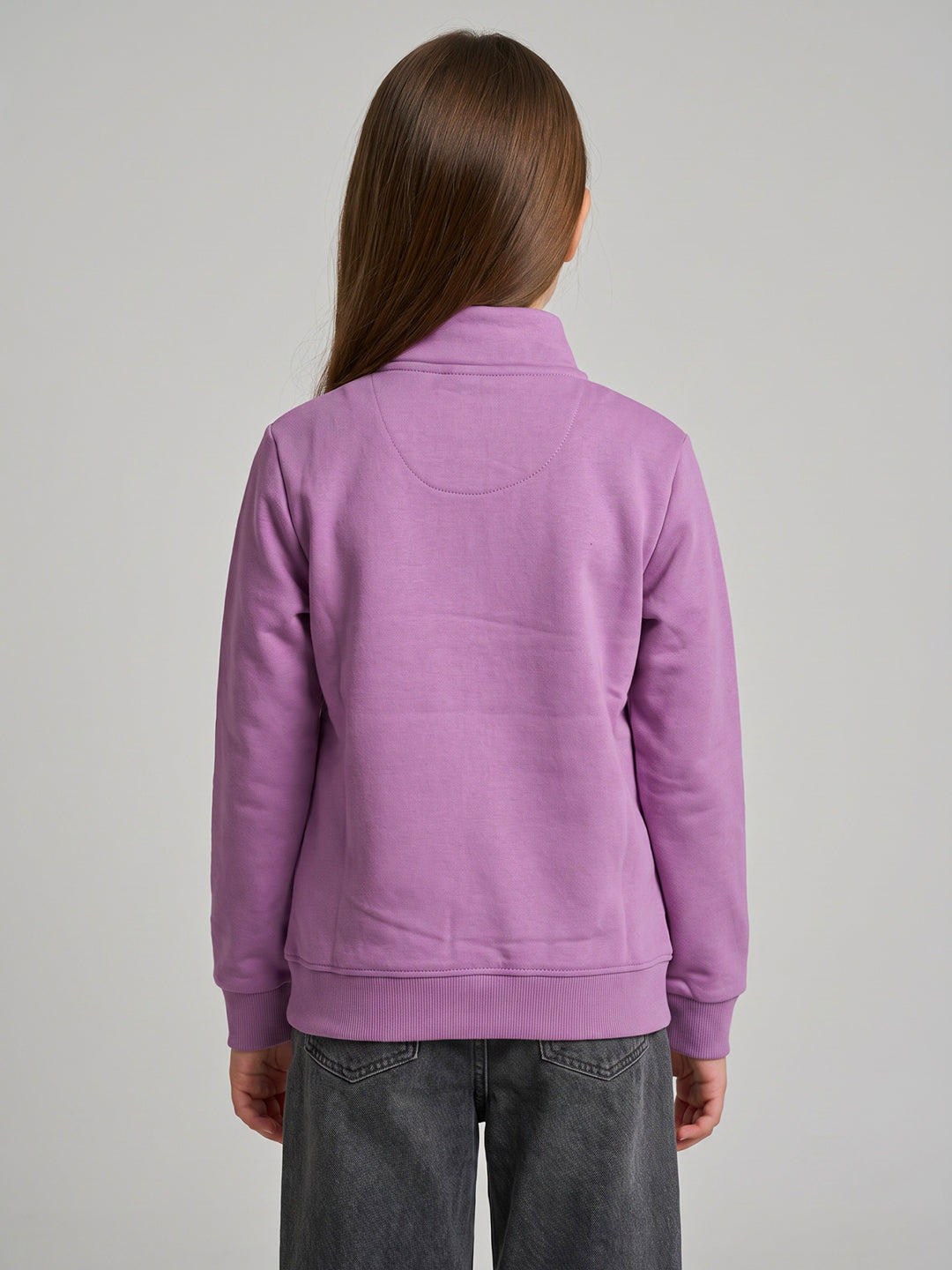 Girls Purple Printed Turtle Neck Full Sleeve Sweatshirt