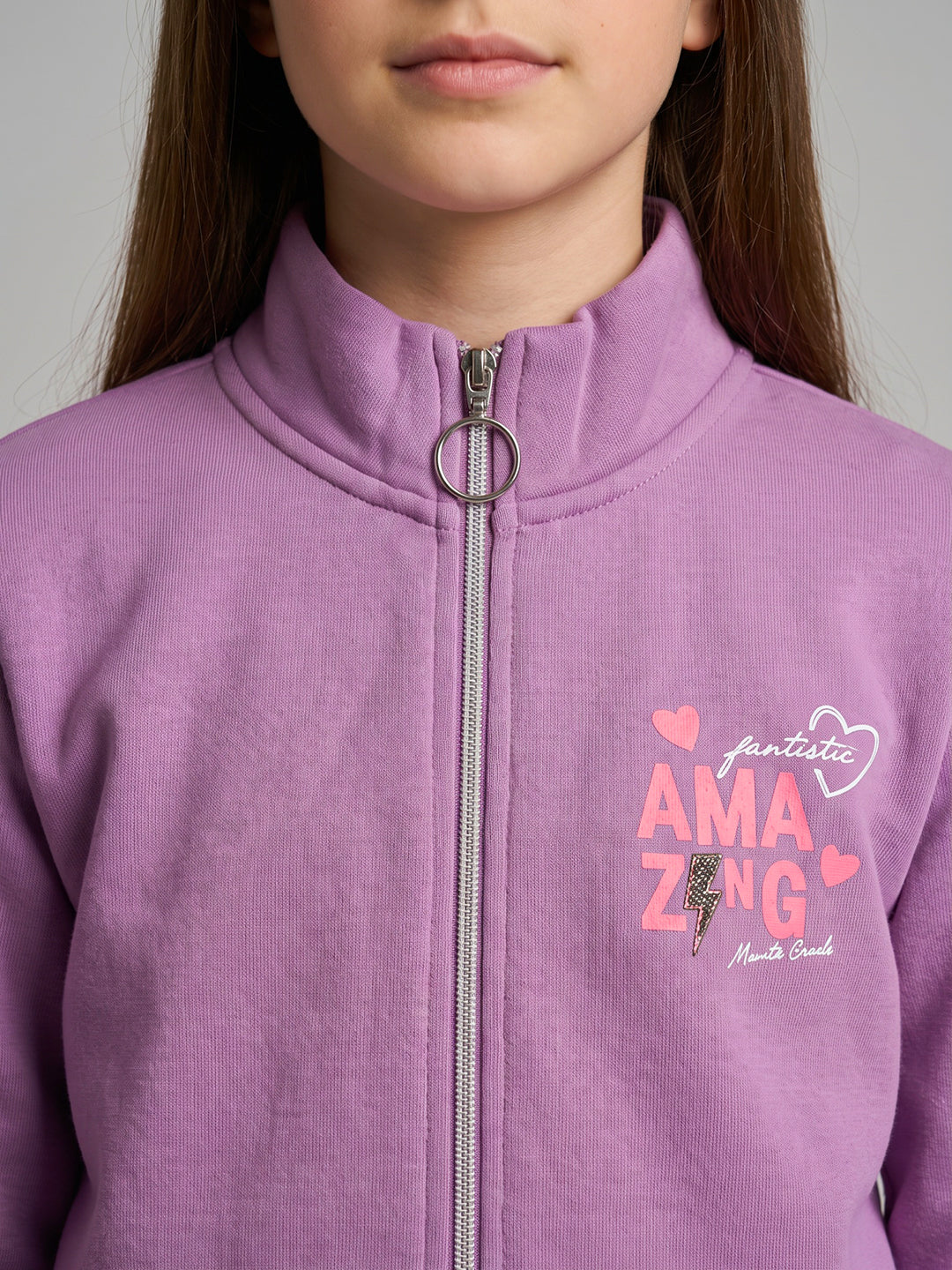 Girls Purple Printed Turtle Neck Full Sleeve Sweatshirt