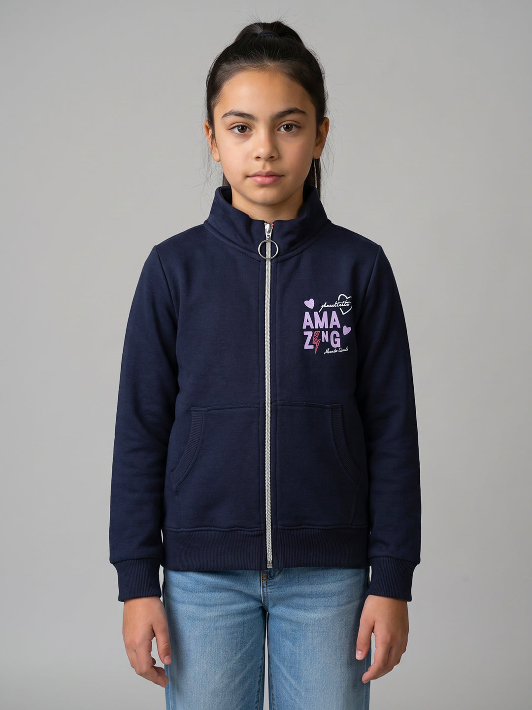 Girls Navy Blue Printed Turtle Neck Full Sleeve Sweatshirt