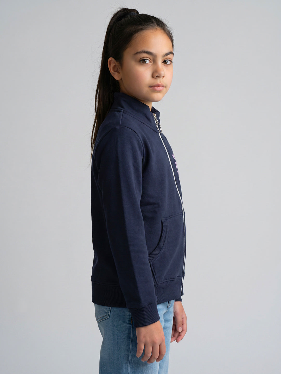 Girls Navy Blue Printed Turtle Neck Full Sleeve Sweatshirt