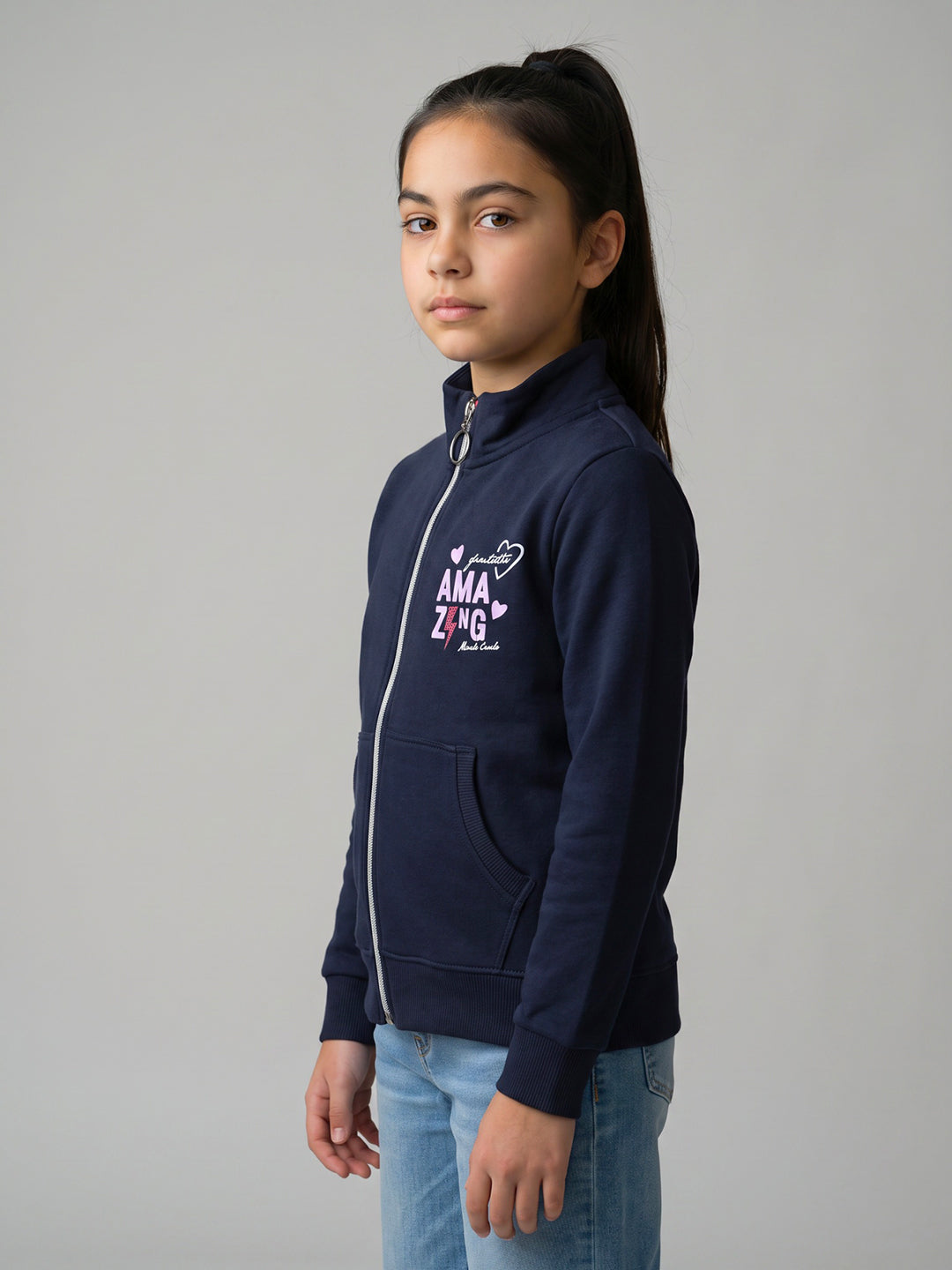 Girls Navy Blue Printed Turtle Neck Full Sleeve Sweatshirt