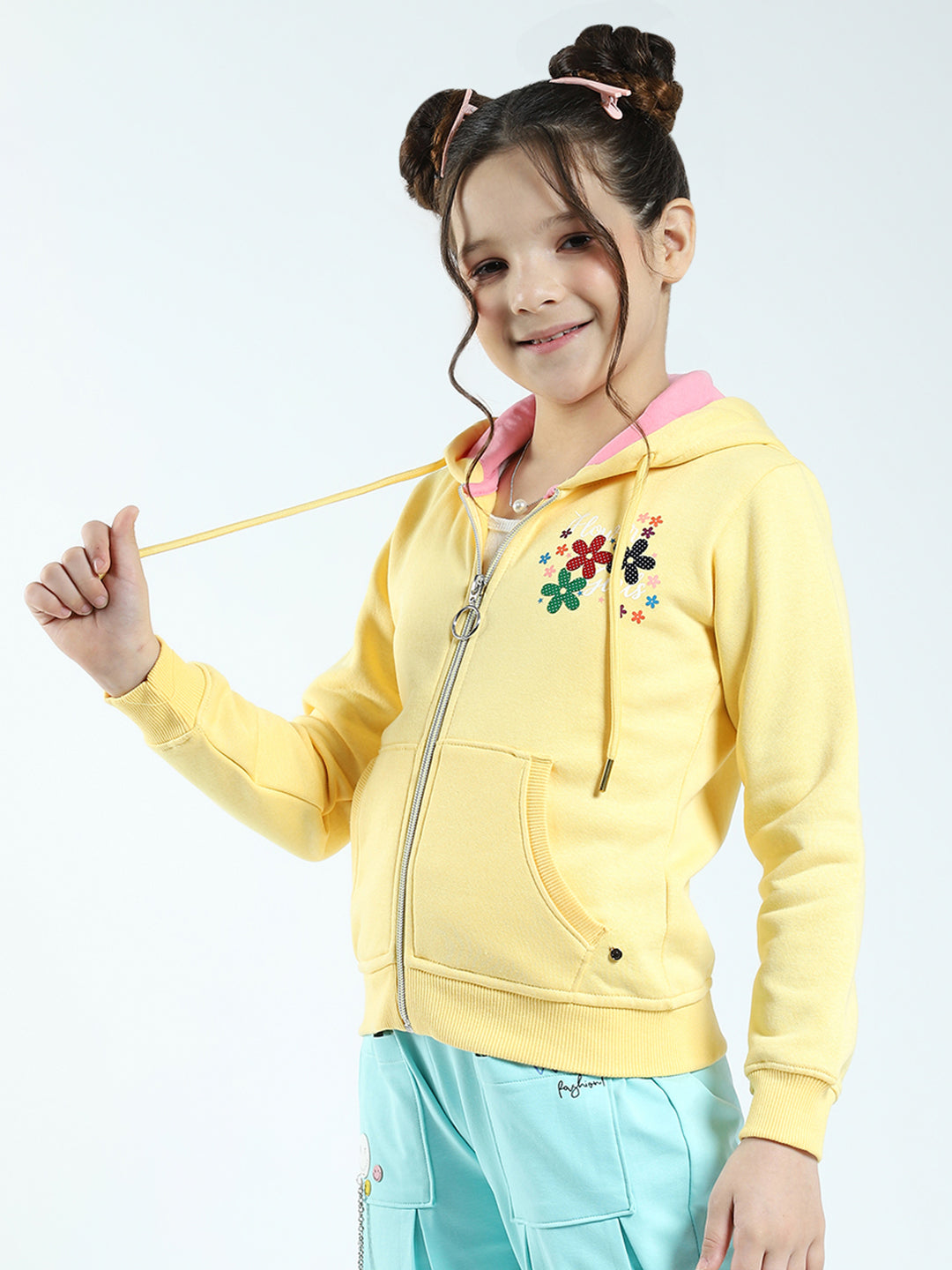 Girls Yellow Printed Hooded Full Sleeve Sweatshirt