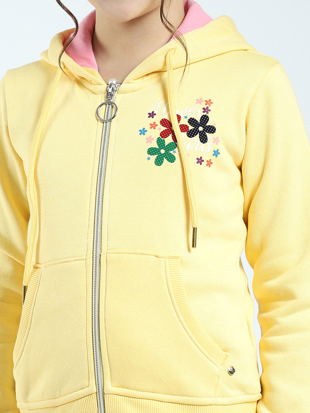Girls Yellow Printed Hooded Full Sleeve Sweatshirt